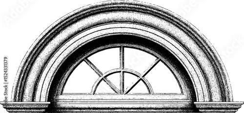 Vintage elegance: detailed engraved illustration of arched window frame design for architectural inspiration