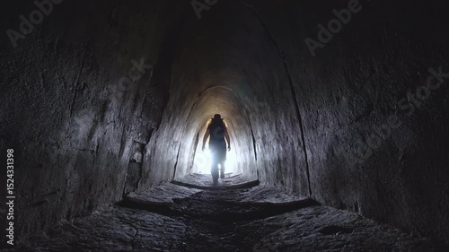 A woman walks toward the light at the end of a dark tunnel. The scene symbolizes personal transformation, hope, and the strength to move forward.