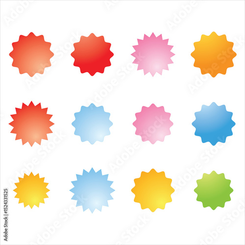 Sunburst sticker shapes. Rounded starburst zigzag badge, spiky oval, circle and star shaped price tag, discount and sale label stickers. Jagged silhouettes vector set.