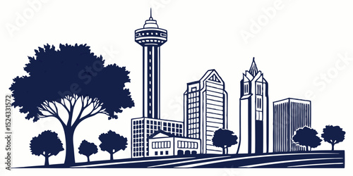 Plano Texas Silhouette Illustration with Business District Elements