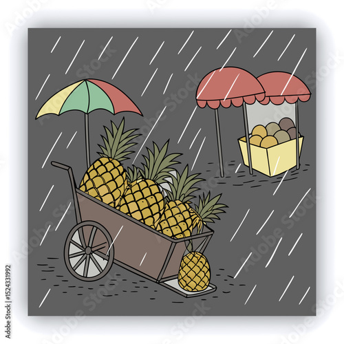 Funny pineapple wearing headphones and sunglasses at the tropical beach, summer vacations and party concept, copy space