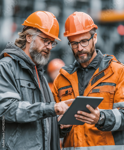 Engineers collaborating on project, wearing safety helmets and using tablet. They are focused and engaged in discussion, showcasing teamwork in construction environment