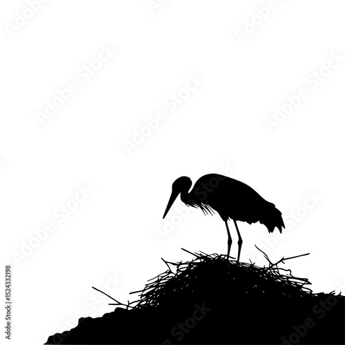 a black silhouette of a stork standing on its nest bird, black, heron, nest, silhouette, stand, stork , Generative art.