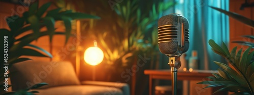 Cozy Home Recording Studio Retro Mic Plants Soft Lighting