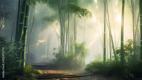 Misty bamboo forest with soft light filtering through serene nature landscape