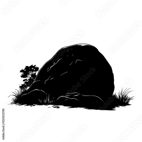 a black and white illustration of a large boulder on a hill with grass and trees black, boulder, grass, hill, illustration, large, mountain, rock, silhouette, tree , Generative art.