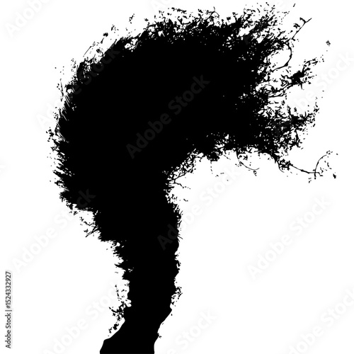 black silhouette of a tree with hair in the wind black, hair, head, man, silhouette, tree, wind, woman , Generative art.