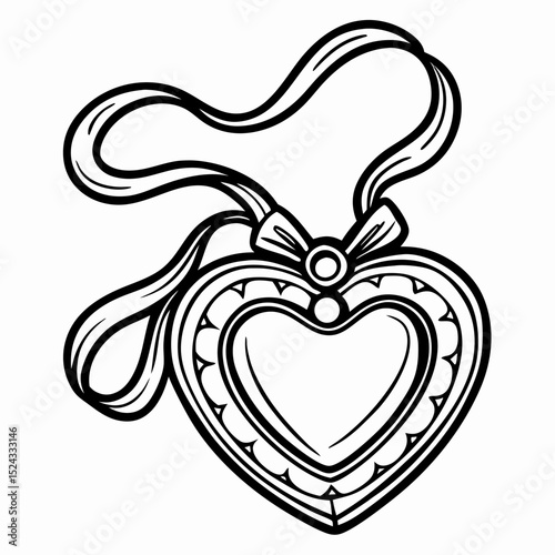 Heart-Shaped Locket Necklace, Line Art, Black and White