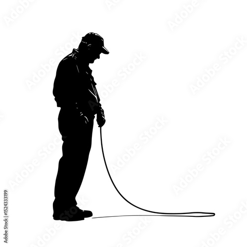 a black silhouette of a man with a hose and a dog black, dog, hose, man, rope, silhouette , Generative art.