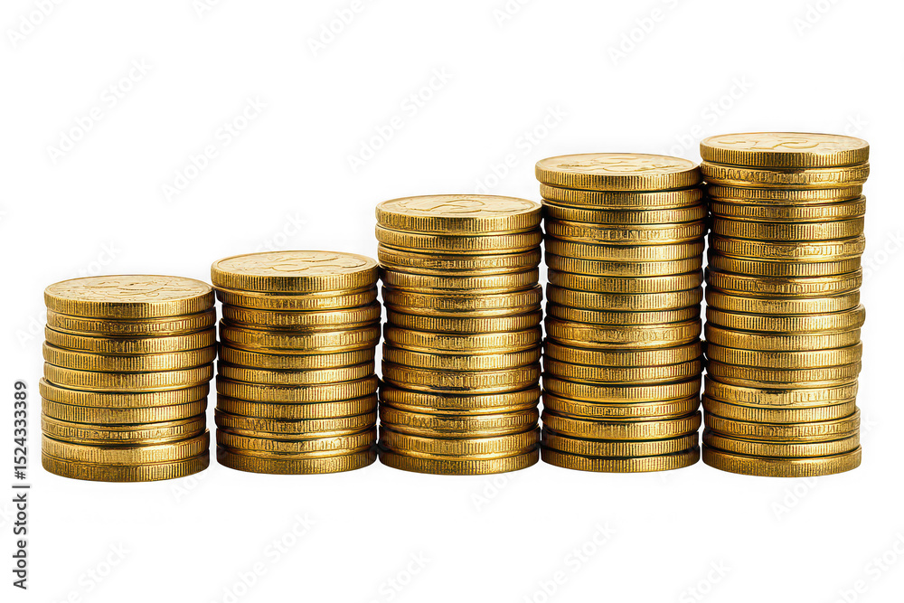 Gold coin stacks growing graph isolated on transparent background Gold coin stacks growing graph isolated on transparent background