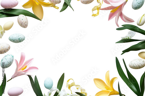 Pastel easter eggs and lilies isolated on transparent background