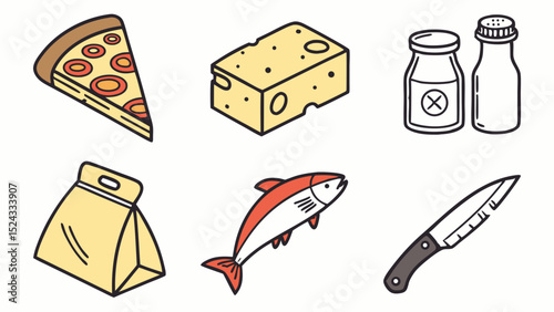 A Collection of Foodstuffs for Your Culinary Needs Pizza Cheese Salt Milk Fish Bag Knife Preparation and Cooking
