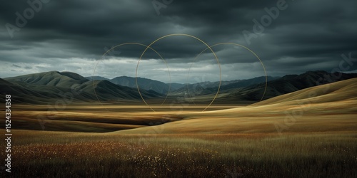 Expansive Grassland with Rolling Hills Under Darkening Clouds, Foreboding Sky, Natural Landscape, Open Field at Dusk, Cloudscape Above Grasslands photo