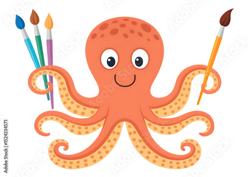 Cartoon octopus holding paintbrushes with a smile on a black isolated background illustration
