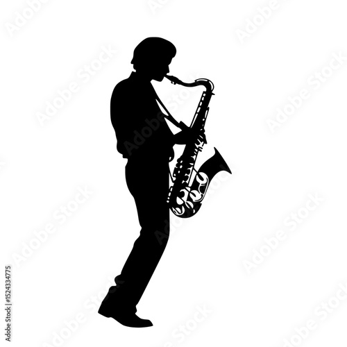 black silhouette of a man playing a saxophone on a transparent background black, instrument, man, musical, play, saxophone, silhouette , Generative art.