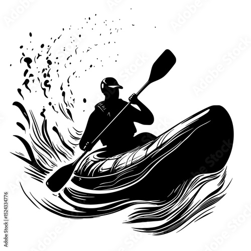 a black and white illustration of a person in a boat or kayak on a river with waves black, boat, canoe, illustration, kayak, man, person, river, silhouette, water, wave , Generative art.