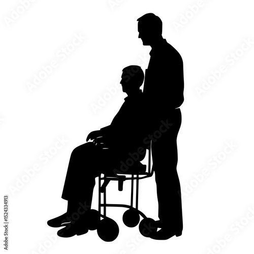 a man who is sitting in a wheelchair with an old woman man, old, silhouette, wheelchair, woman , Generative art.