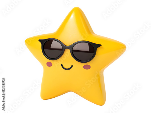 A yellow star character wearing sunglasses and smiling on a black background in a studio shot