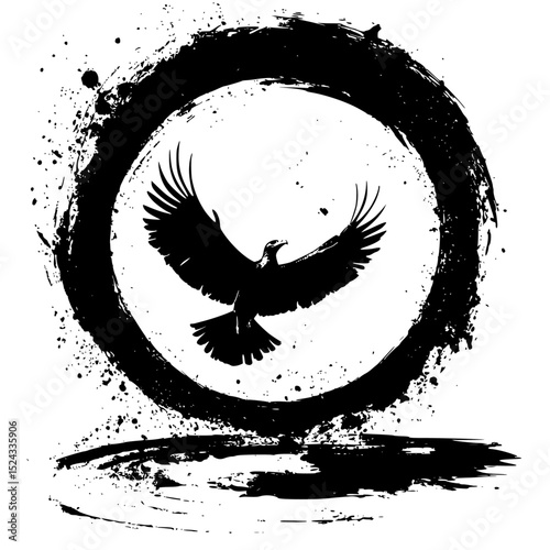a black and white silhouette of a crow or eagle flying in a circle or circle with ink splashes bird, black, circle, crow, eagle, fly, raven, ring, silhouette, symbol, wing , Generative art.