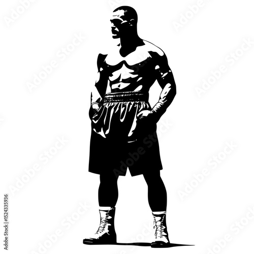 a black and white illustration of a silhouette of a basketball player standing art, basketball player, black, boxer, illustration, man, poster, silhouette, stand , Generative art.