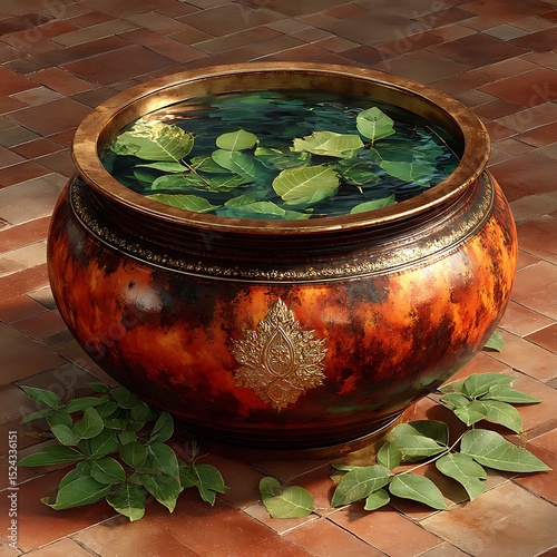 Decorative pooja vessel filled with greenery high resolution picture