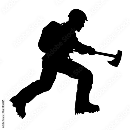 black silhouette of a lumberjack with an axe axe, backpack, black, man, silhouette , Generative art.