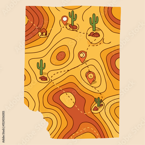 Desert Map with Topographic Lines and Cactus Icons