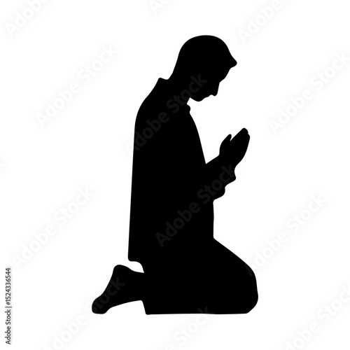 Praying man kneeling black silhouette isolated on a white or transparent background, vector illustration.