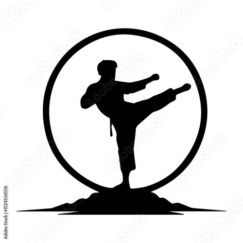 Karate fighter black silhouette circle logo isolated on a white or transparent background, vector illustration.