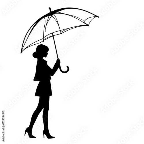 Woman with umbrella black silhouette isolated on a white or transparent background, vector illustration.