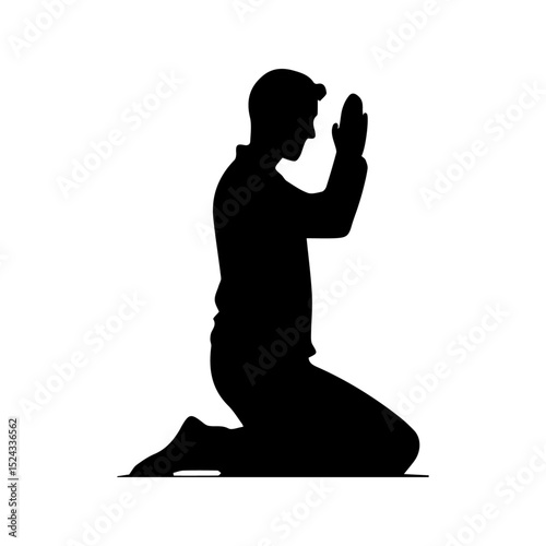 Praying man black silhouette isolated on a white or transparent background, vector illustration.
