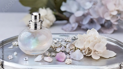 Glistening pearlescent iridescent perfume bottle luxury fragrance elegant