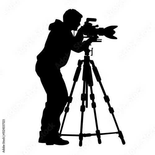 a black and white silhouette of a photographer with a camera on a tripod black, camera, man, photographer, picture, silhouette, tripod, video camera , Generative art.