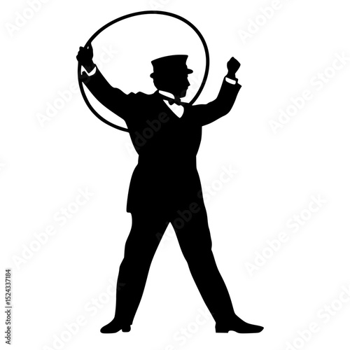 a silhouette of a man in a suit holding a hula hoop black, hat, hold, man, silhouette, suit , Generative art.