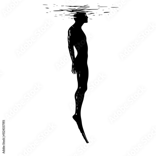 a black and white illustration of a woman standing in the water with an umbrella over her head black, body, hat, head, illustration, man, silhouette, stand, umbrella, water, woman , Generative art.