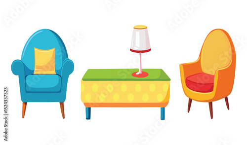 Vector illustration of a set of kitchen utensils and vintage wooden furniture for interior design