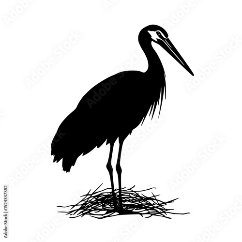 a black silhouette of a stork standing on a nest bird, black, heron, illustration, long, nest, silhouette, stand, stork , Generative art.