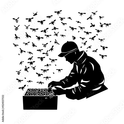 a black and white illustration of a man typing on a typewriter bird, black, illustration, man, silhouette, surround, typewriter , Generative art.