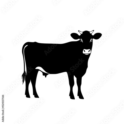 a black and white silhouette of a cow black, cow, picture, silhouette, stand , Generative art.