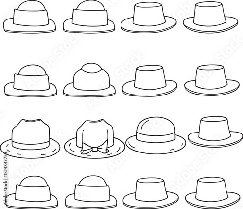 Collection of sixteen different hats in outline style on white background