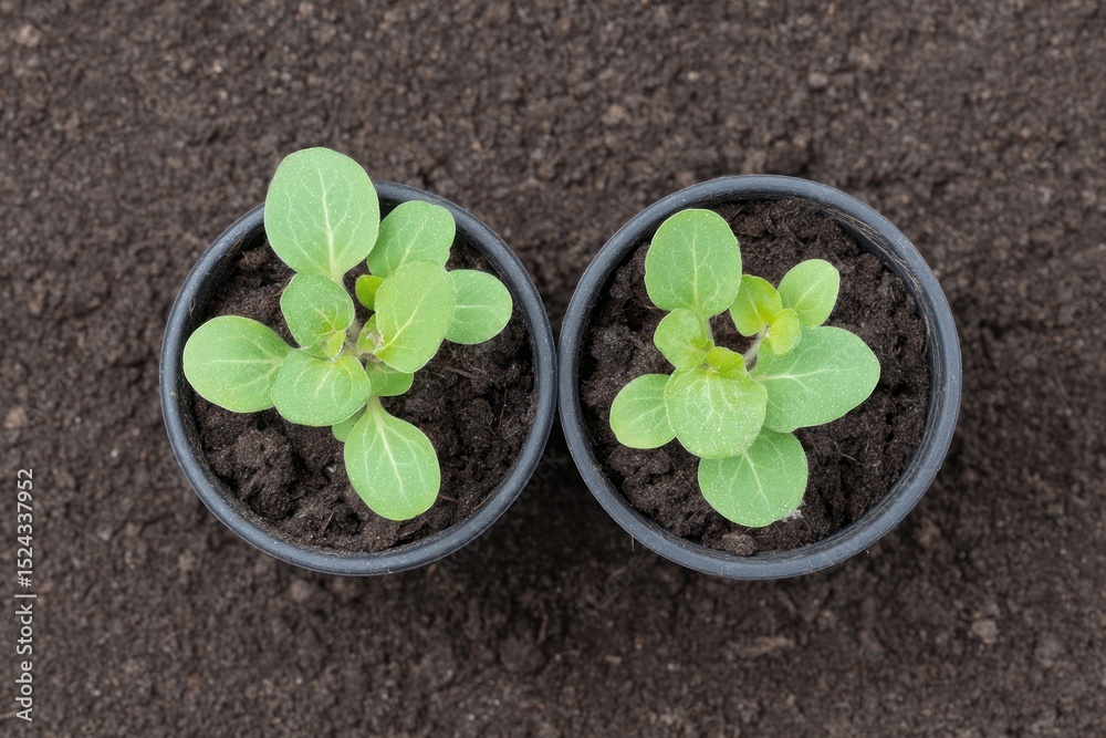Naklejka premium Sprouting green magic, twin seedlings herald Earth Day renewal, miniature verdant beginnings dance in nurturing embrace of Gaia's soil