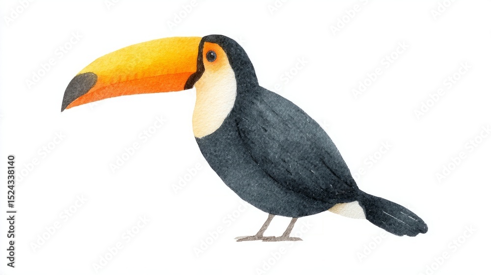 Naklejka premium Colorful toucan with vivid beak evokes tropical Carnival spirit, perched expectantly, reminiscent of Brazil's lush biodiversity celebrations