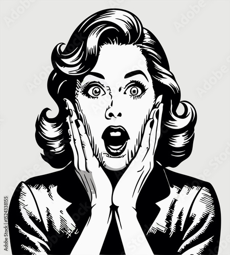 Surprised Woman Pop Art Style, Black and White Illustration
