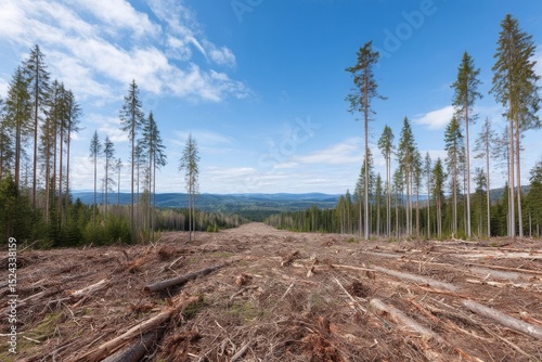 Vast deforested landscape under azure sky, echoes of Earth Day consciousness, invoking Tree Planting Day reflections and arboreal renewal dreams