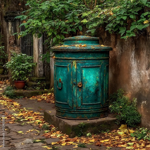 Dirty container beside rugged village wall high resolution picture