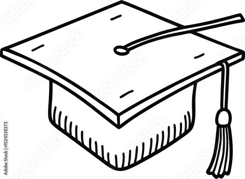 Hand Drawn Graduation Cap with Tassel Black and White Illustration