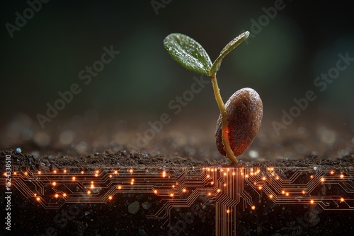 Digital illustration fusing botany and electronics centered single brown seed resting exactly on the soil line, a delicate twin-leaf green sprout growing upward