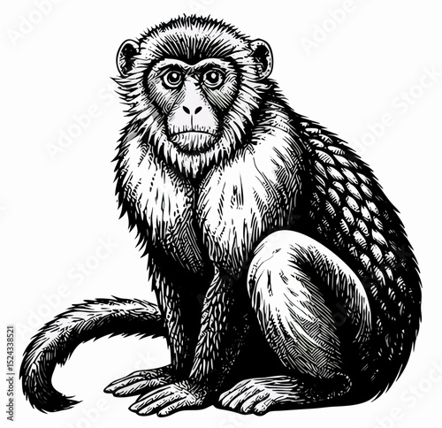 Black and White Monkey Illustration, Sitting Primate Drawing