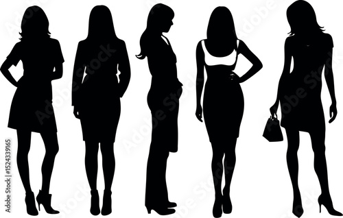 Elegant Women Silhouettes in Various Poses and Attire, a Fashion Illustration