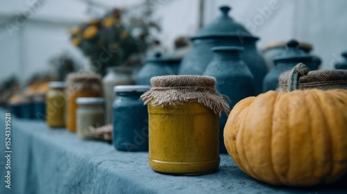 Rustic pumpkin jars enchant in a harvest festival tableau, embodying Samhain's enigmatic whispers and culinary alchemy